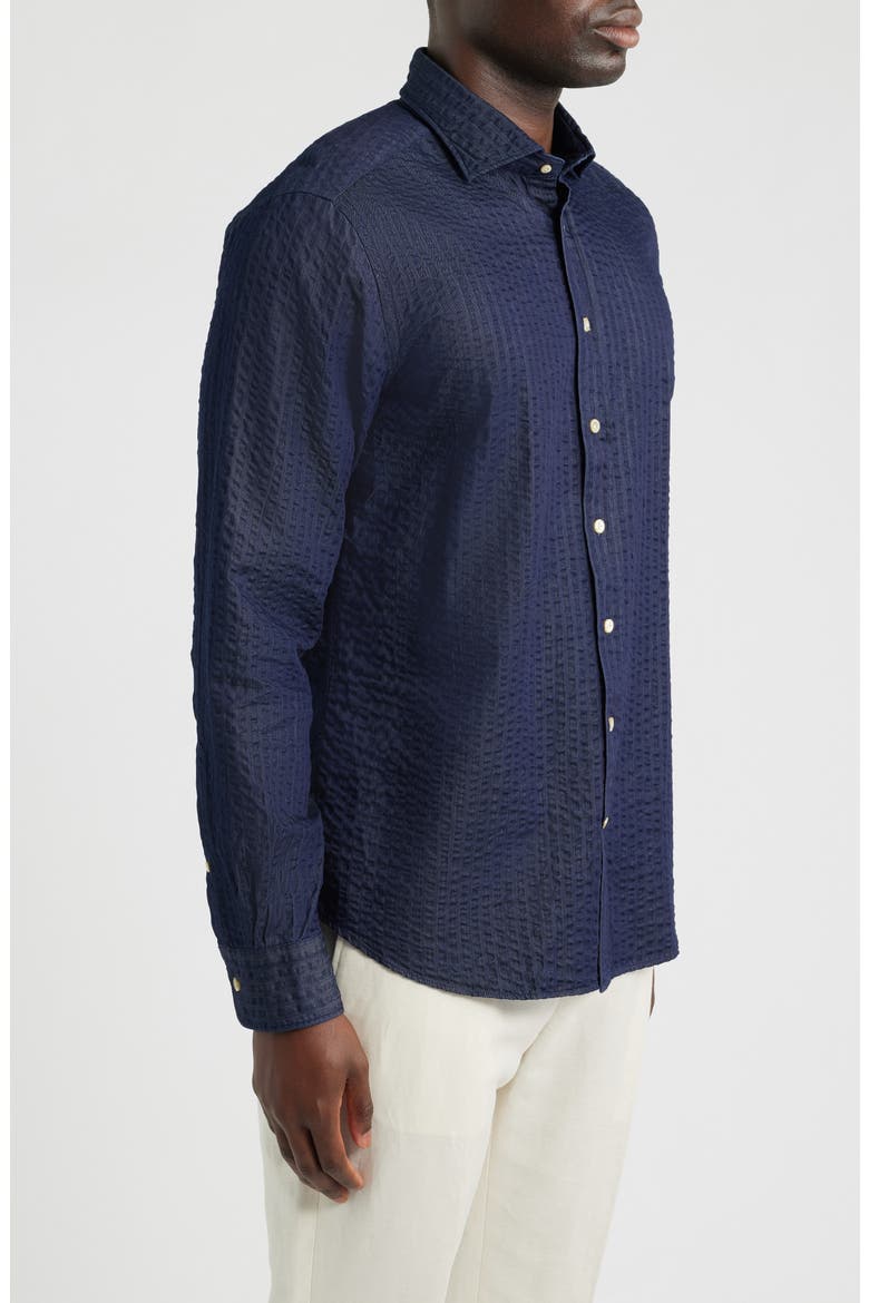 Crinkle Stripe Cotton Denim Button-Up Shirt, Alternate, color, NAVY