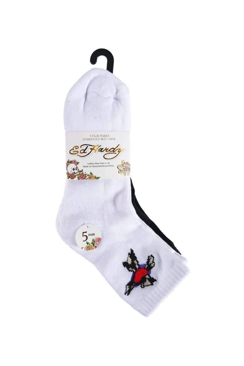 Flower Heart Print Half Cushion Mid Crew Sock 5-Pack, Alternate, color, White Multi