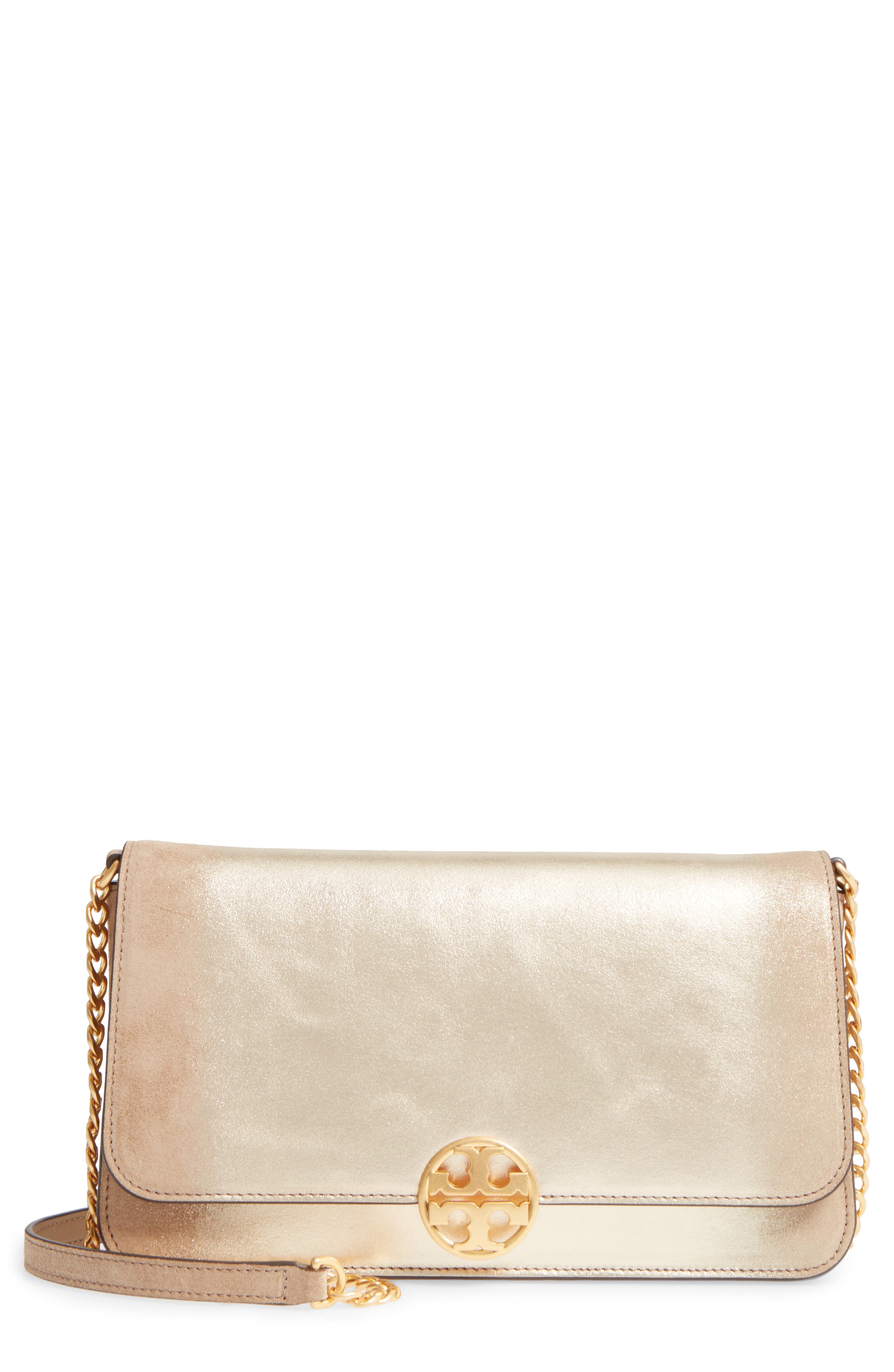 Tory Burch Chelsea Convertible Metallic Leather Clutch, Main, color, 