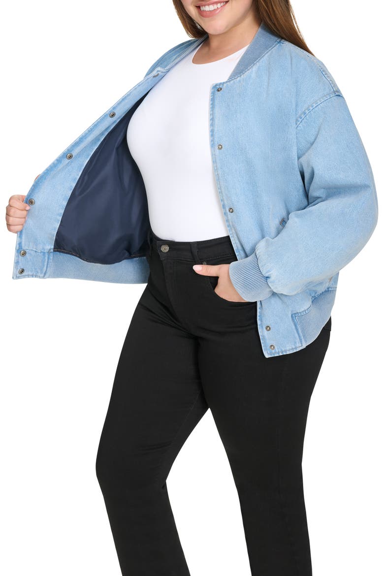 Crop Varsity Denim Bomber Jacket, Alternate, color, LT WASH DE