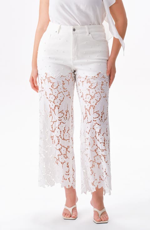 Crystal Embellished Lace Wide Leg Jeans