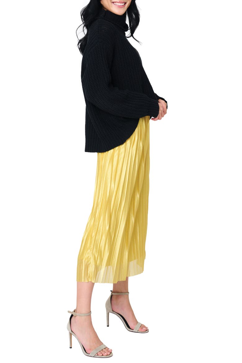 Pleated Satin Midi A-Line Skirt, Alternate, color, GOLD