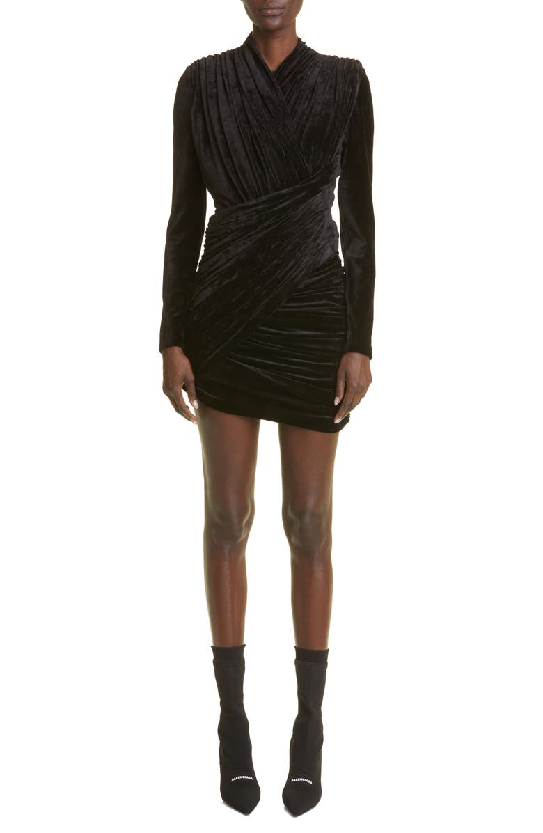 Balenciaga Draped Long Sleeve Velvet Minidress, Main, color,