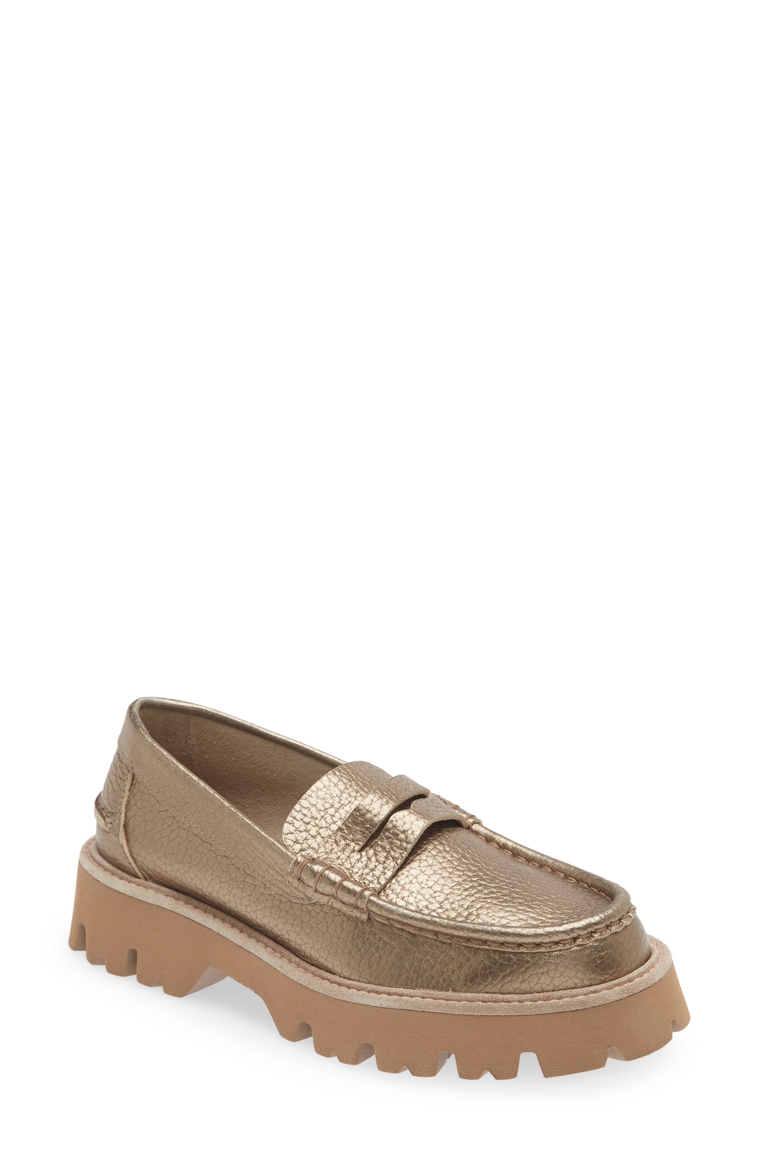 Sebas Lug Metallic Penny Loafer, Main, color, DESERT CERVO LAME