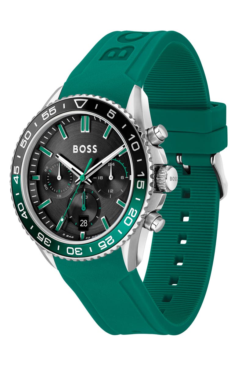 BOSS Runner Chronograph Silicone Strap Watch, 44mm, Alternate, color, Black
