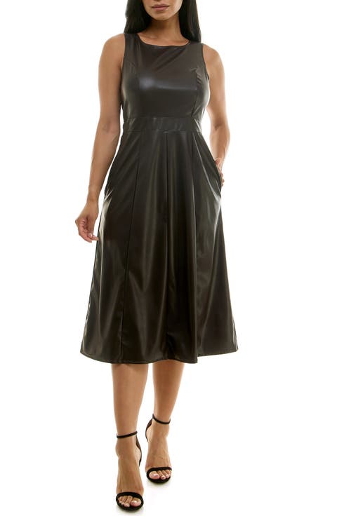 Scoop Neck A-Line Faux Leather Dress