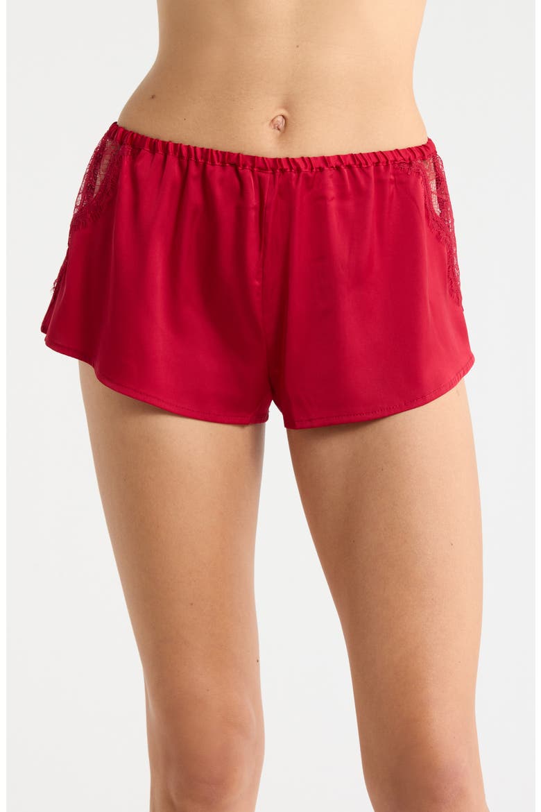 Confidence Eyelash Lace Trim Satin Shorts, Main, color, RED