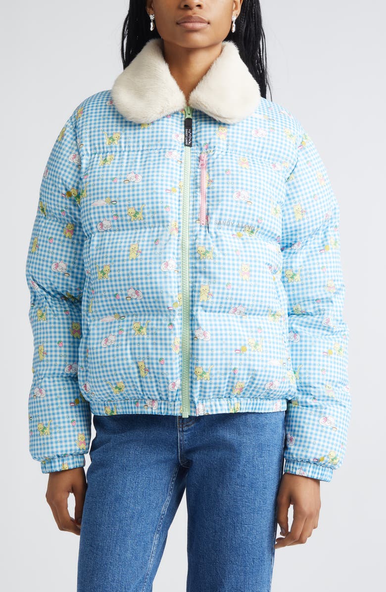 Sandy Liang Benny Faux Fur Collar Quilted Puffer Jacket, Main, color, Blue Multi