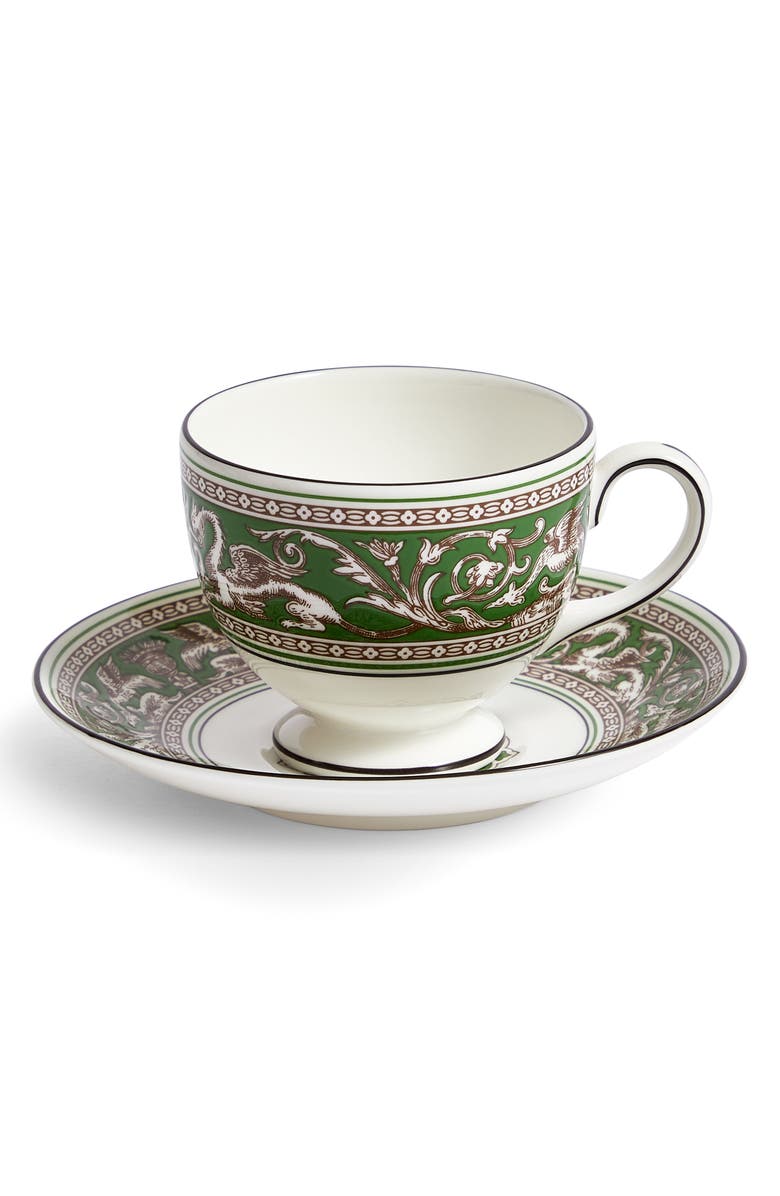 Wedgwood Florentine Bone China Teacup & Saucer Set, Main, color, Verde