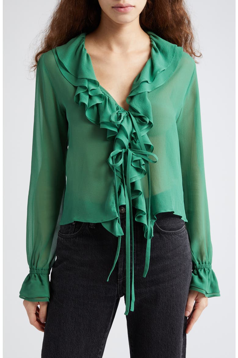 Flounce Ruffle Long Sleeve Silk Top, Main, color, GREEN