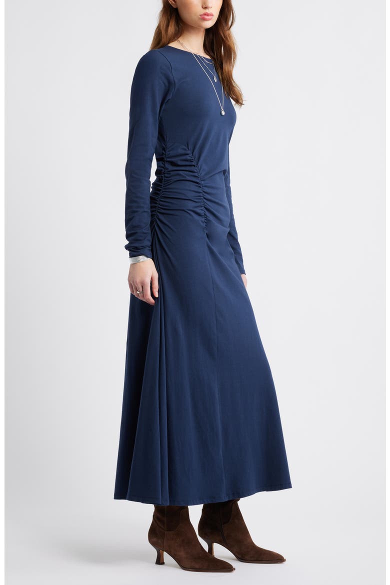 Side Ruched Long Sleeve Stretch Cotton Dress, Alternate, color, NAVY STILL