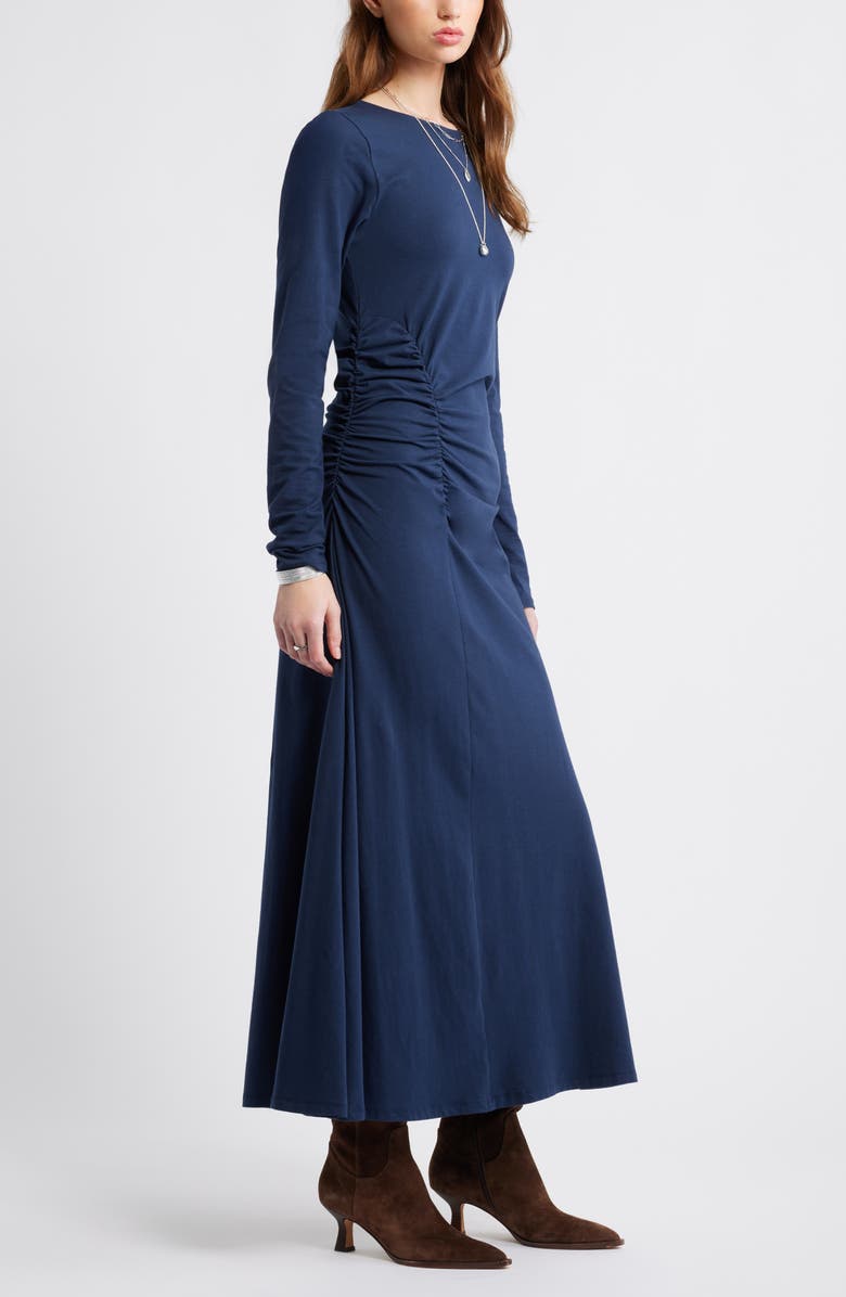 Treasure & Bond Side Ruched Long Sleeve Stretch Cotton Dress, Alternate, color, Navy Still