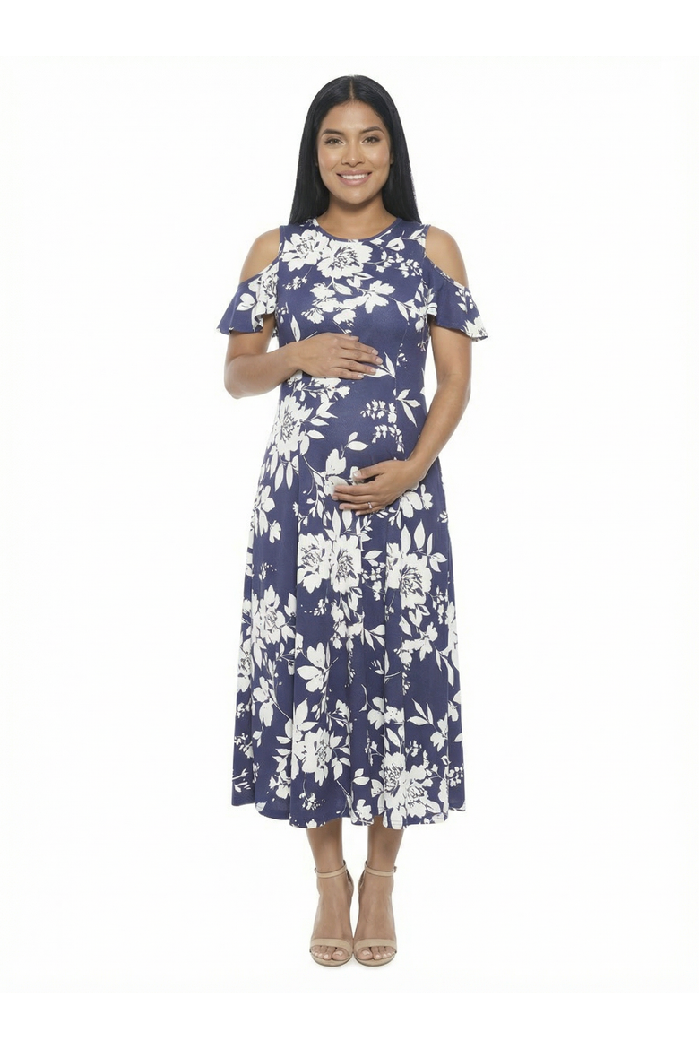 Maternity Floral Ruffle Sleeve Cold Shoulder A-Line Maxi Dress, Main, color, Navy Multi
