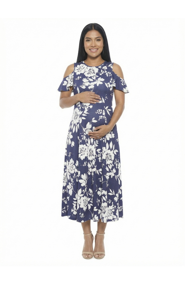 24seven Comfort Apparel Maternity Floral Ruffle Sleeve Cold Shoulder A-Line Maxi Dress, Main, color, Navy Multi