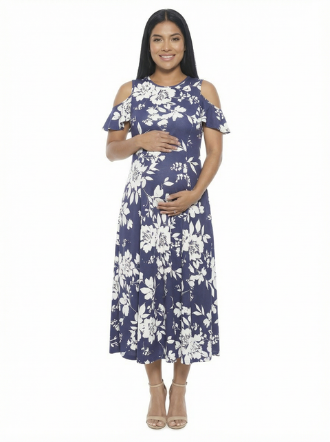 Maternity Floral Ruffle Sleeve Cold Shoulder A-Line Maxi Dress