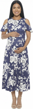 24seven Comfort Apparel Maternity Floral Ruffle Sleeve Cold Shoulder A-Line Maxi Dress