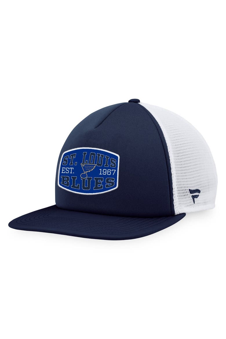 Men's Fanatics Branded Navy/White St. Louis Blues Foam Front Patch Trucker Snapback Hat, Main, color, Navy