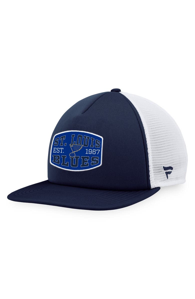 FANATICS Men's Fanatics Branded Navy/White St. Louis Blues Foam Front Patch Trucker Snapback Hat, Main, color, Navy