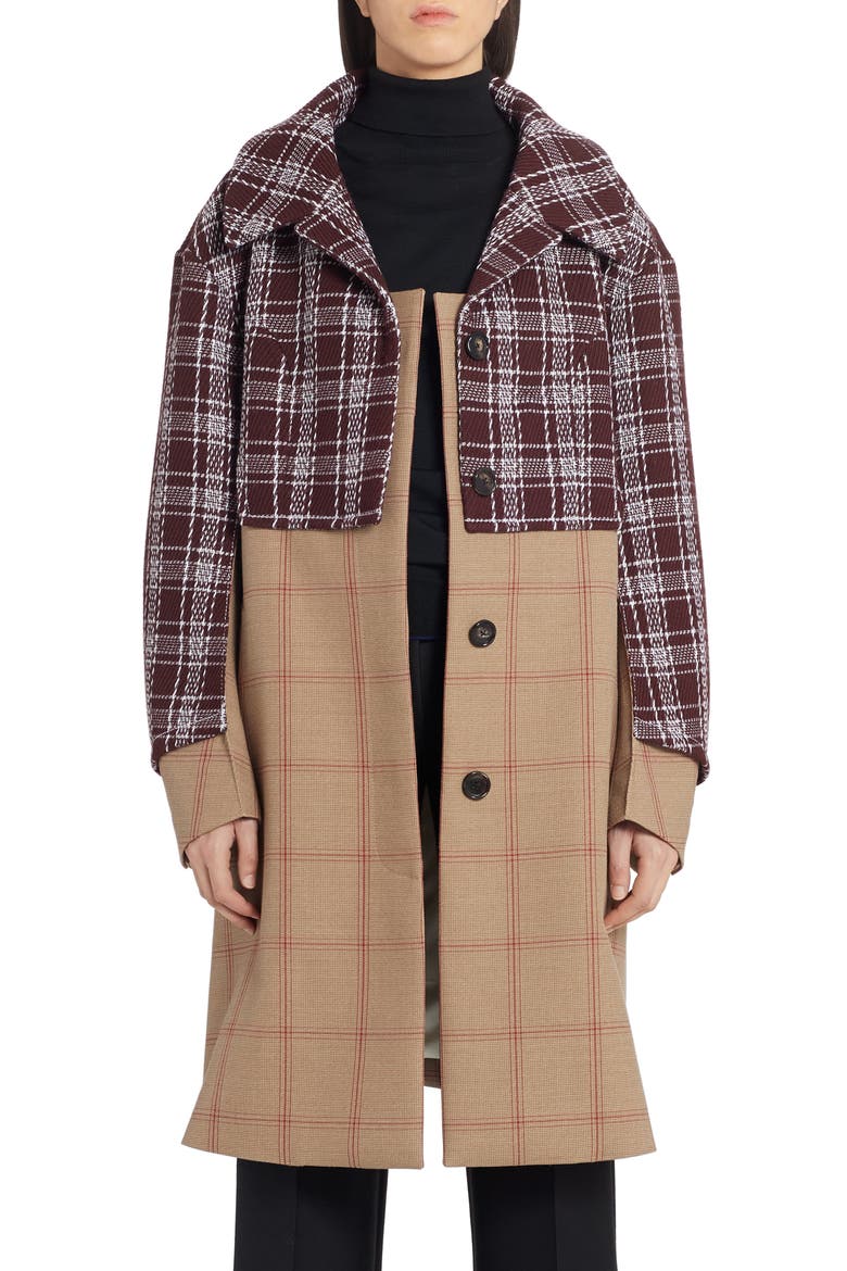 Mixed Media Check Wool Coat, Main, color, TOBACCO