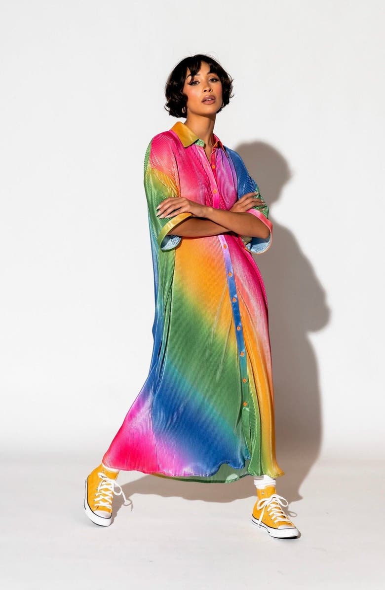 Dressed in Lala So Far So Good Oversize Plissé Shirt Dress, Alternate, color, Prismatic Rainbow