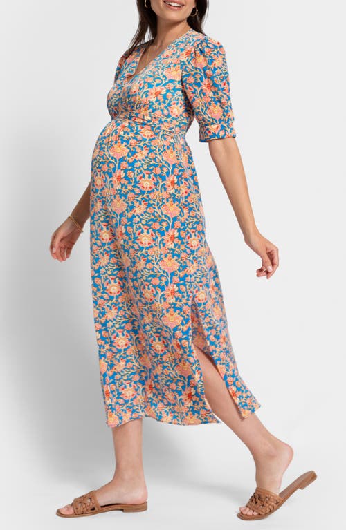 Seraphine Pleated A-line Midi Maternity Dress In Blue Multi