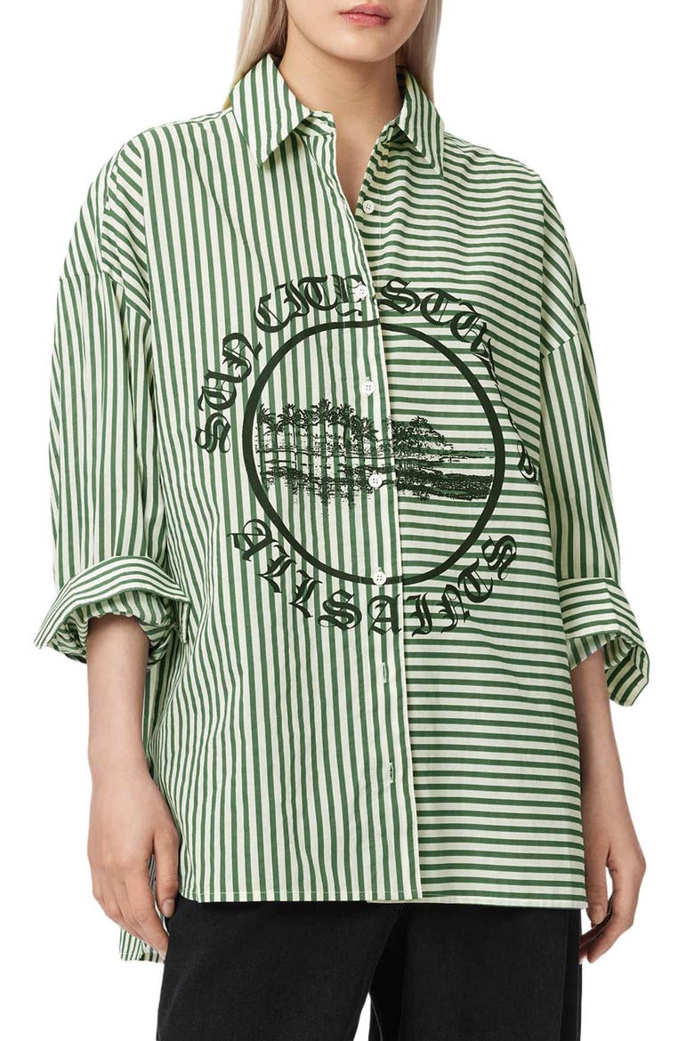 Adrianne Stripe Graphic Print Ramie Button-Up Shirt, Main, color, APPLE GREEN/ WHITE
