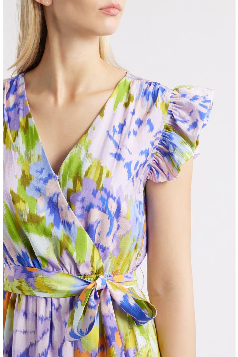 Print Wrap Front Flutter Sleeve Midi Dress, Alternate, color, LAVENDER MULTI