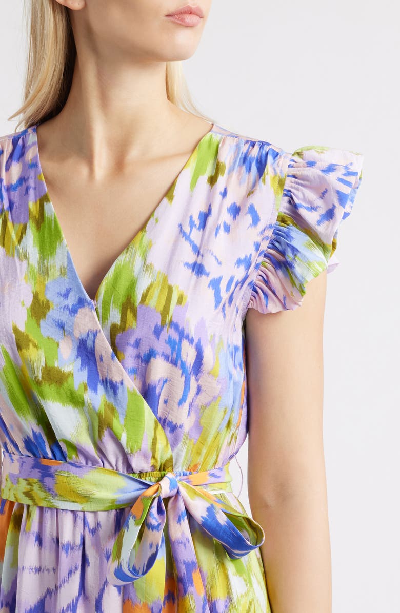 Sam Edelman Print Wrap Front Flutter Sleeve Midi Dress, Alternate, color, Lavender Multi