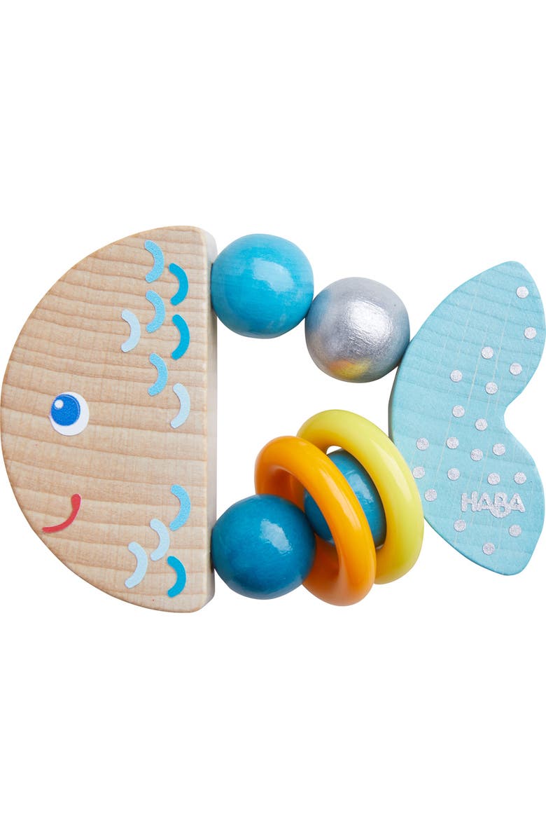 HABA Rattlefish Wooden Baby Rattle and Teething Toy with Plastic Rings, Teething Toys 6-12 months, Grasping Toy for Babies, Made in Germany, Main, color, Multi