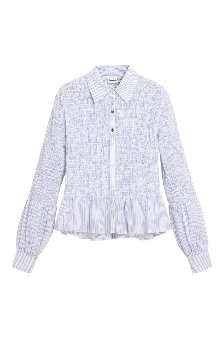 Stripe Smocked Peplum Cotton Blend Button-Up Shirt, Alternate, color, MEDIUM BEIGE