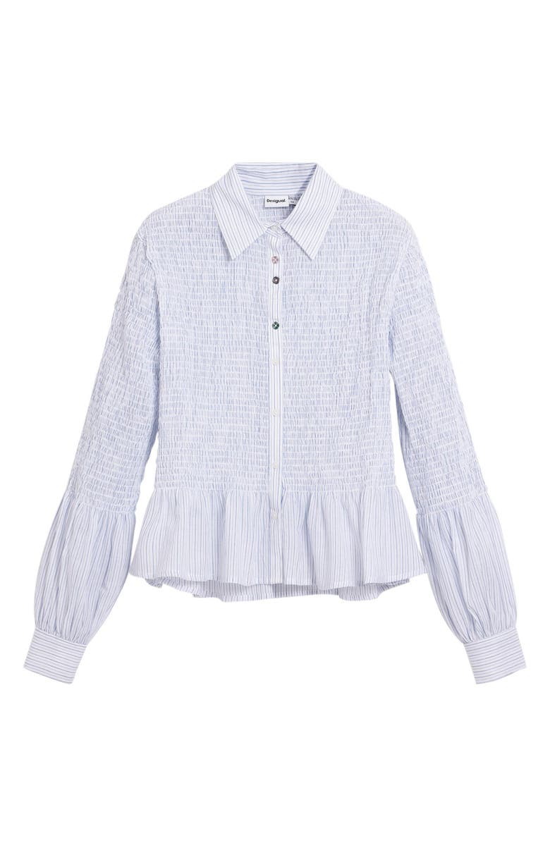 Desigual Stripe Smocked Peplum Cotton Blend Button-Up Shirt, Alternate, color, Medium Beige