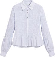 Desigual Stripe Smocked Peplum Cotton Blend Button-Up Shirt