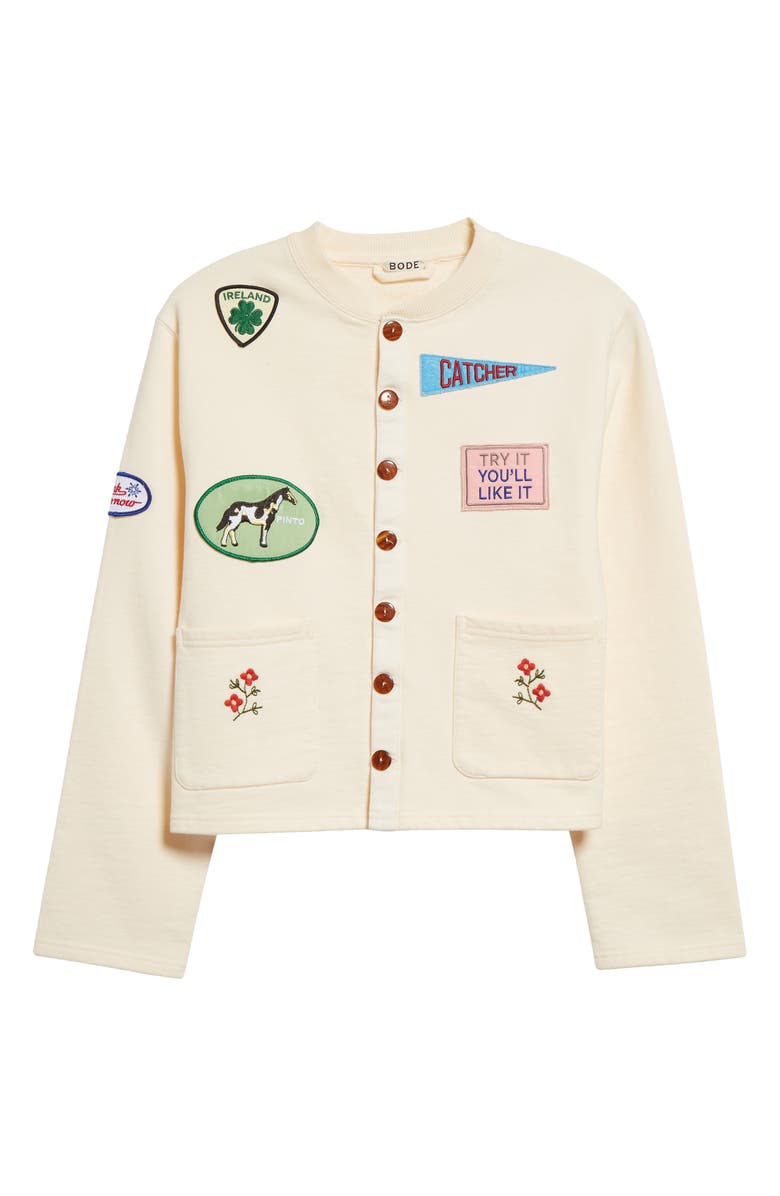 Bode Emblem Patch Crop Cotton Cardigan, Alternate, color,