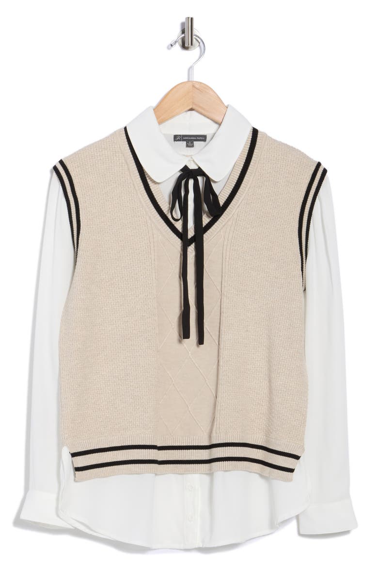 Tie Neck Twofer Sweater, Alternate, color, NEUTRAL/ BLACK