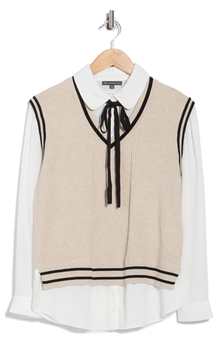 Adrianna Papell Tie Neck Twofer Sweater, Alternate, color, Neutral/ Black