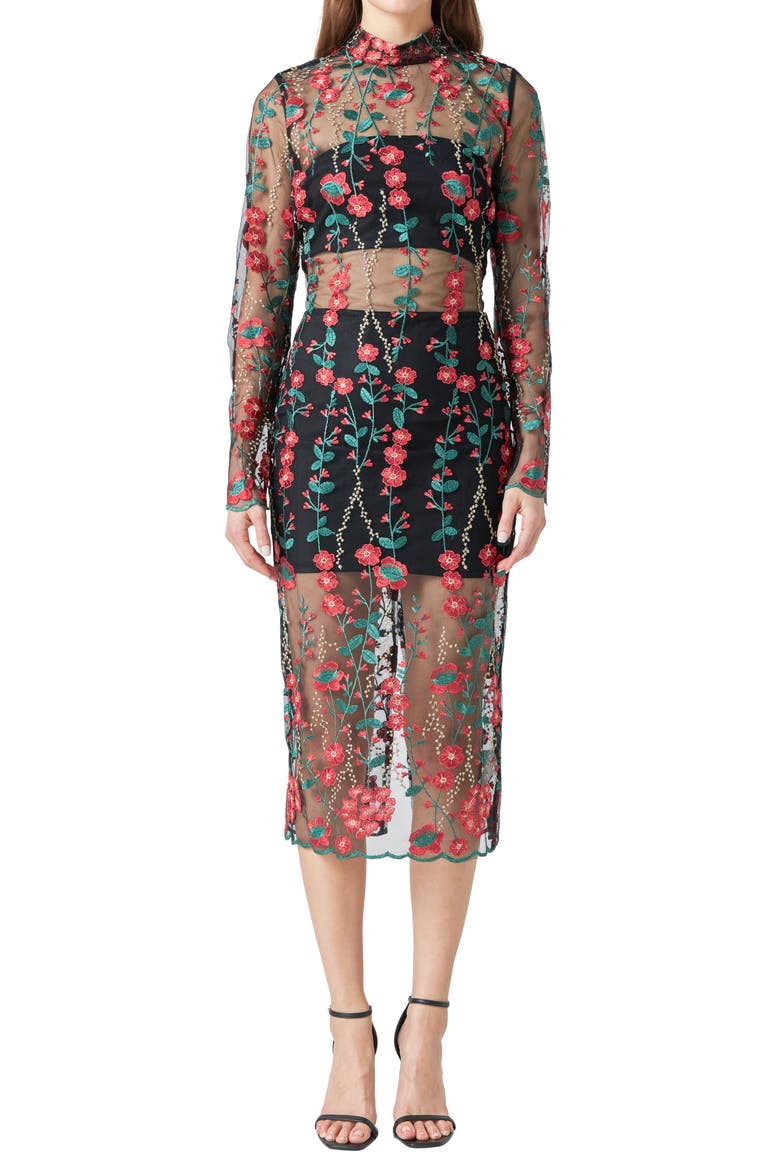 Floral Embroidered Long Sleeve Midi Dress, Alternate, color, RED MULTI