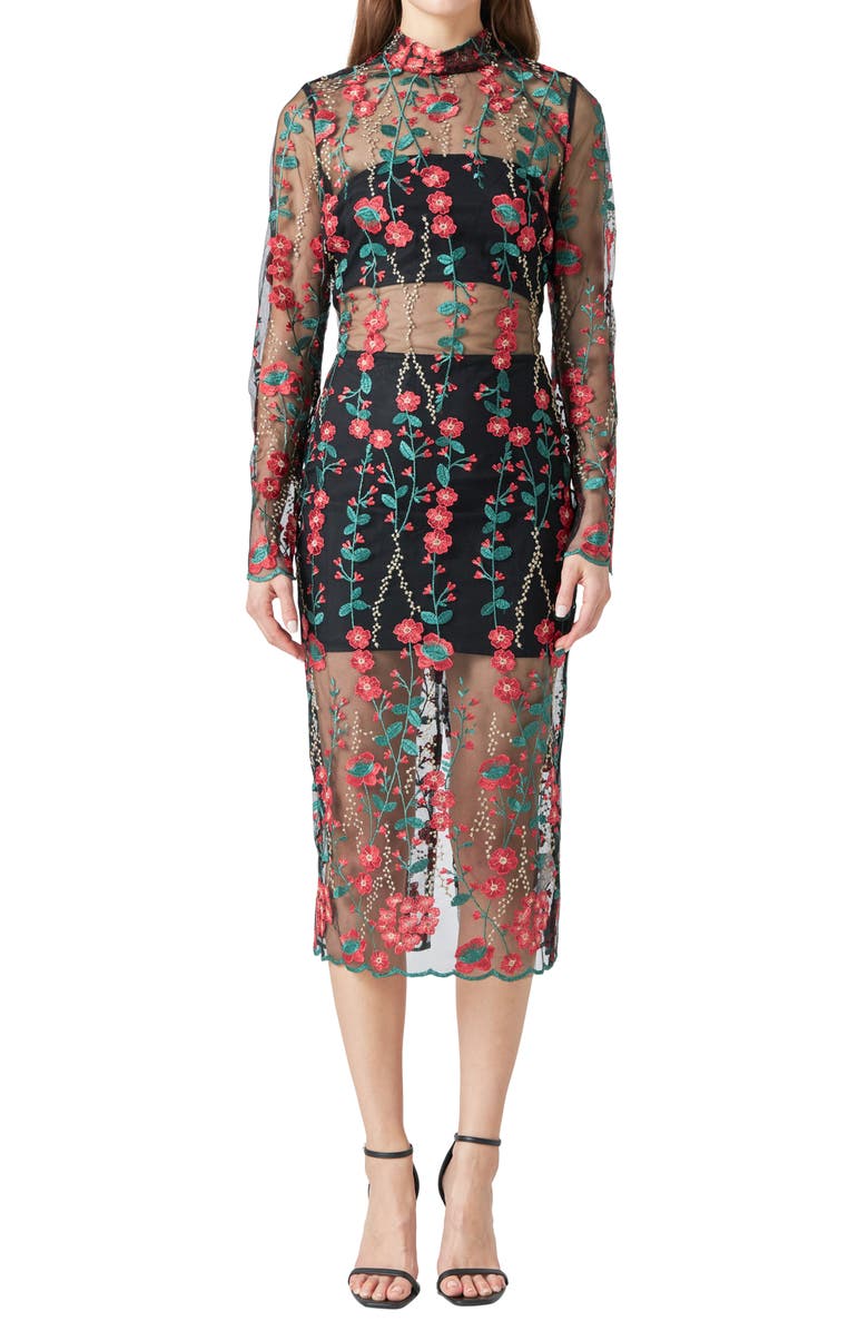 Endless Rose Floral Embroidered Long Sleeve Midi Dress, Alternate, color, Red Multi