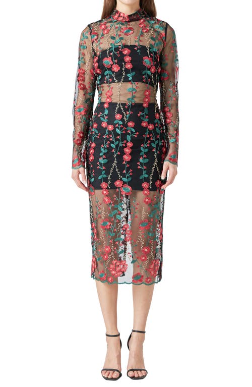 Endless Rose Floral Embroidered Long Sleeve Midi Dress In Red Multi