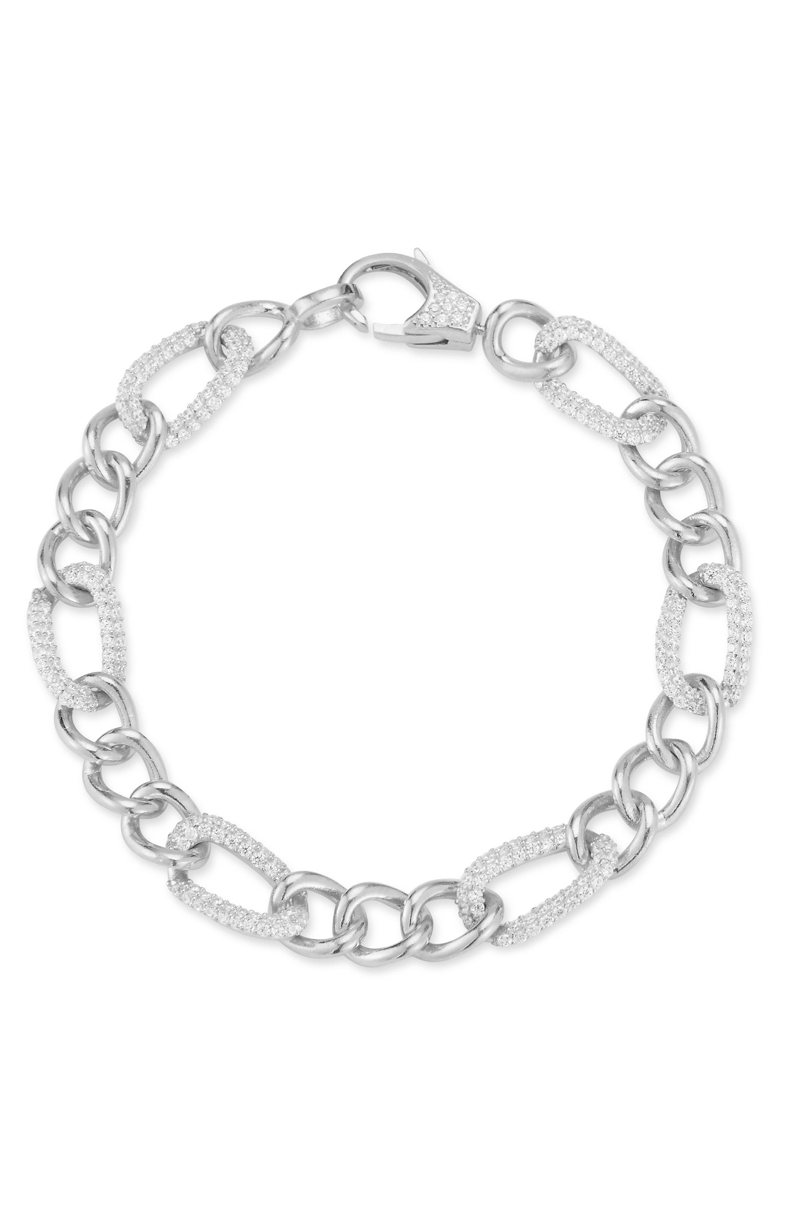 Rhodium Plated Sterling Silver Pavé CZ Chunky Figaro Bracelet