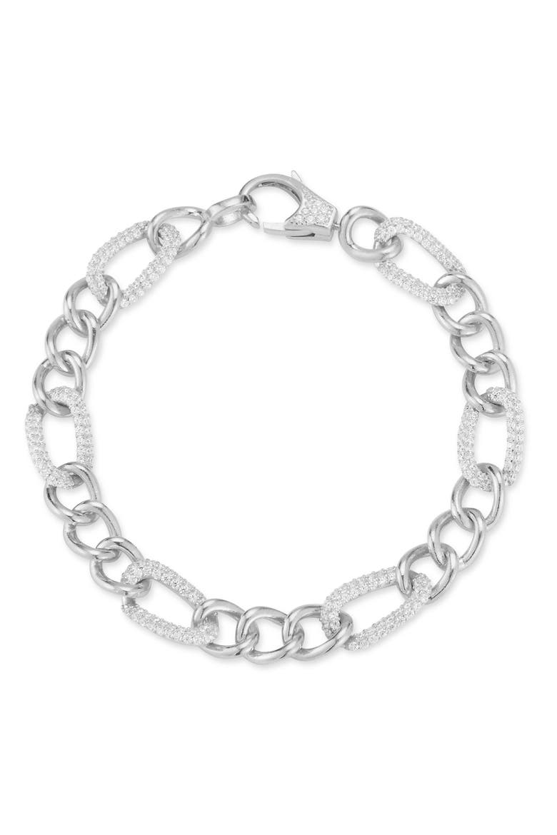 Rhodium Plated Sterling Silver Pavé CZ Chunky Figaro Bracelet, Main, color, SILVER