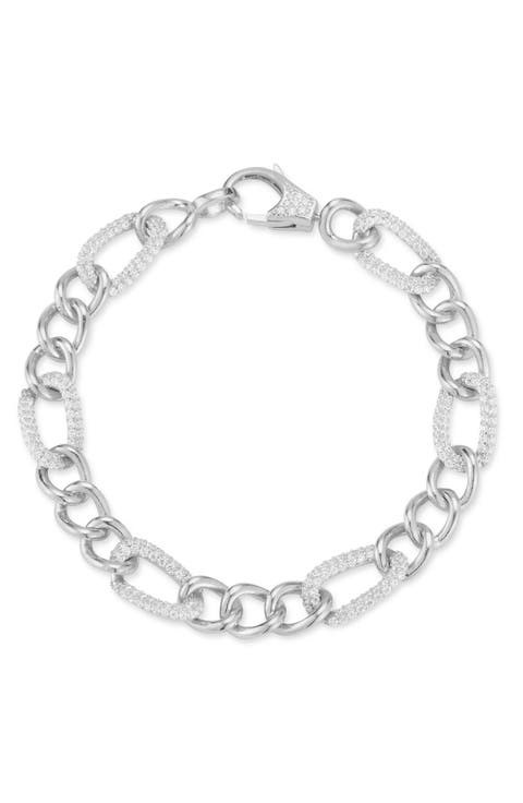 Rhodium Plated Sterling Silver Pavé CZ Chunky Figaro Bracelet