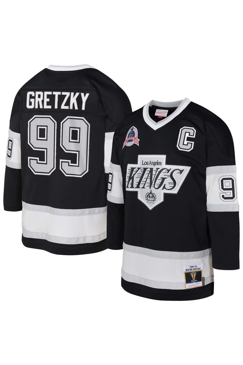 Youth Mitchell & Ness Wayne Gretzky Black Los Angeles Kings 1992/93 Captain Patch Blue Line Player Jersey, Main, color, Black