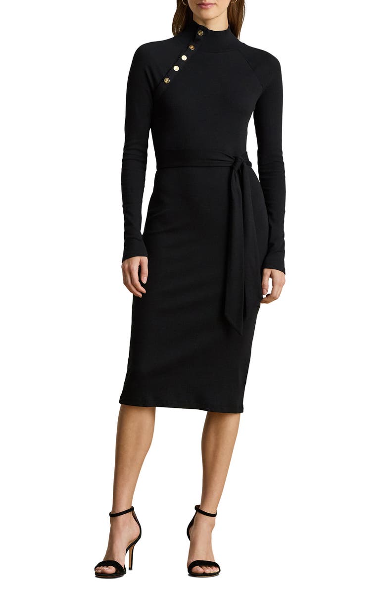 Lauren Ralph Lauren Long Sleeve Cotton Blend Rib Dress, Main, color, Black