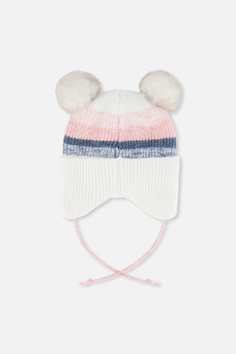 Striped Fleece Lined Pompom Ear Flap Winter Knit Hat, Alternate, color, Off-White, Pink and Blue