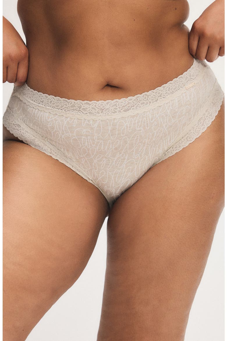 Essentials Lace Trim Stretch Cotton Cheeky Briefs, Alternate, color, BEIGE LATTE HEATHER SIGN OFF