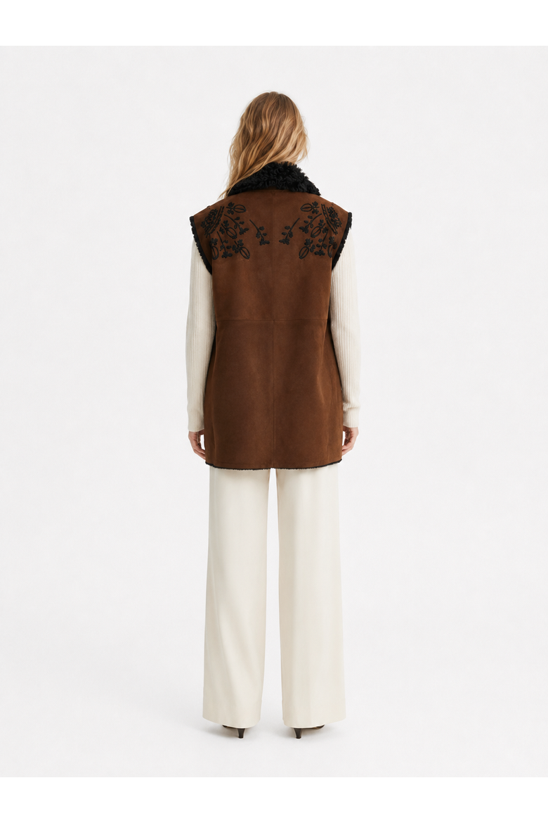 Cadenza Merino Curly Shearling Long Vest with Embroidery, Alternate, color, Black/Brown