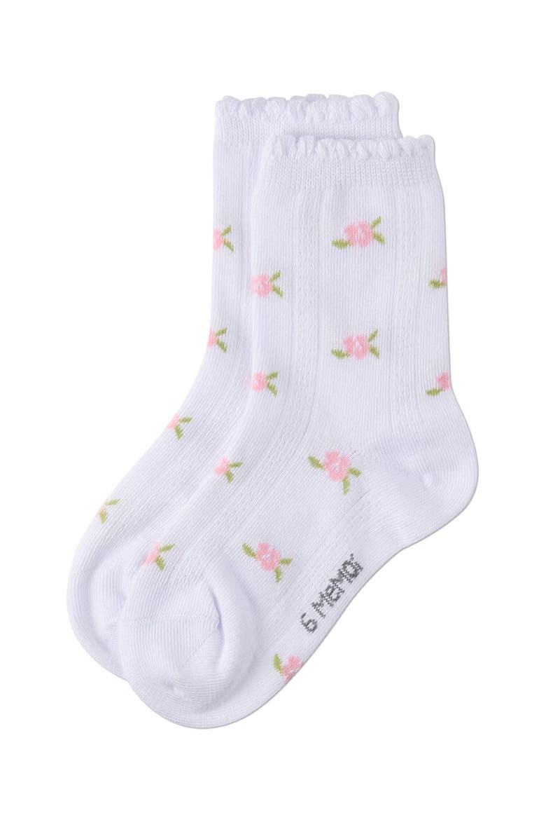 Scallop-Trim Crew Sock with Mini-Floral Pattern, Alternate, color, White