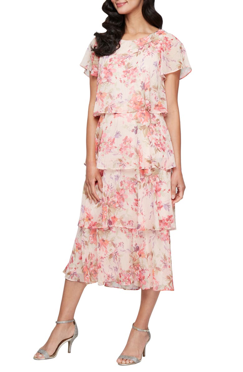 SL FASHIONS Tiered Floral Cocktail Midi Dress, Main, color, Peach Multi