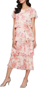 SL FASHIONS Tiered Floral Cocktail Midi Dress