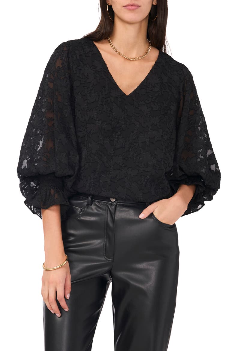 Lace Shirred Cuff Top, Main, color, RICH BLACK